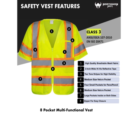 NORTHMON SAFETY Hi Vis Short Sleeve Mesh Safety Vest - ANSI Class 3